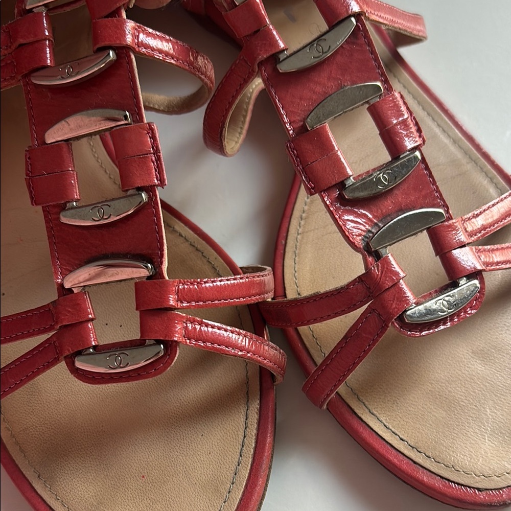 CHANEL Leather Sandals Interlocking CC Size 38.5 US 7.5